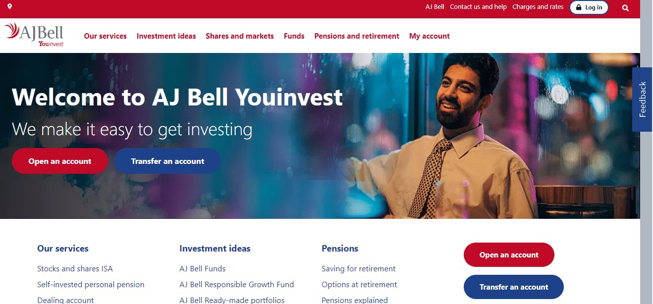 Screenshot from the Home page of AJ Bell Youinvest website