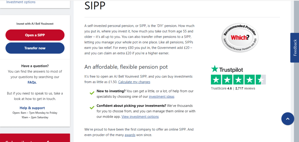 A Screenshot which shows the information about SIPP account in the AJ Bell Youinvest website
