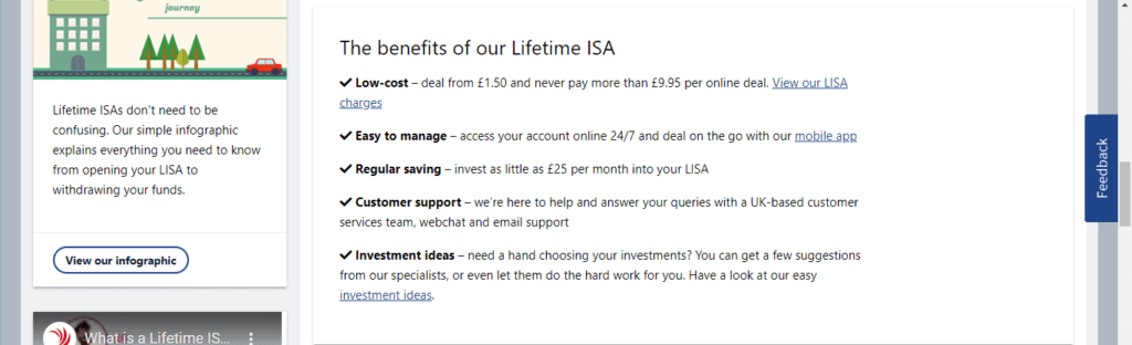 A Screenshot which shows the information about Lifetime ISA account in the AJ Bell Youinvest website