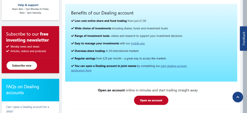 A Screenshot which shows the information about dealing account in the AJ Bell Youinvest website