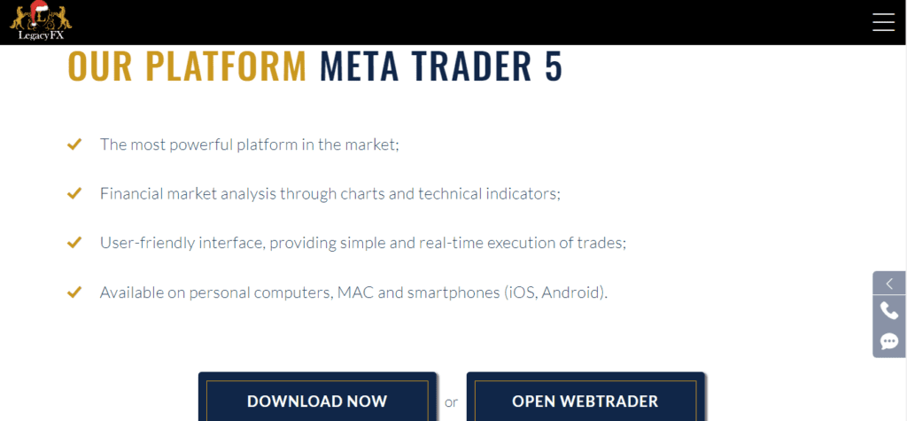 A Screenshot showing features of Metatrader 5 on the Legacyfx website