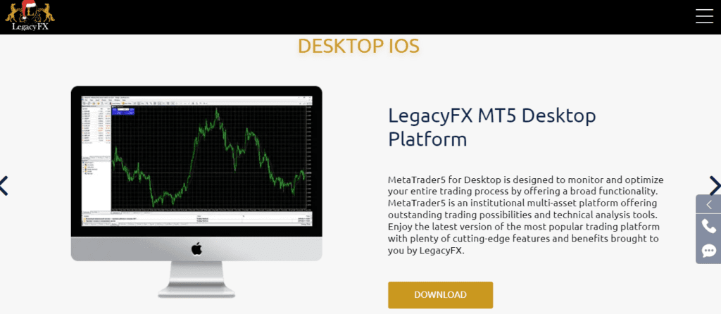 A Screenshot showing features of the MT5 desktop Platform on the Legacyfx website