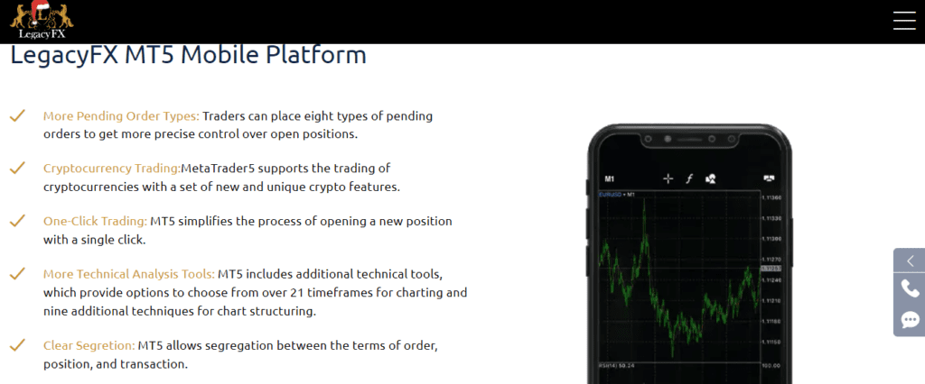 A Screenshot showing features of the MT5 Mobile Platform on the Legacyfx website