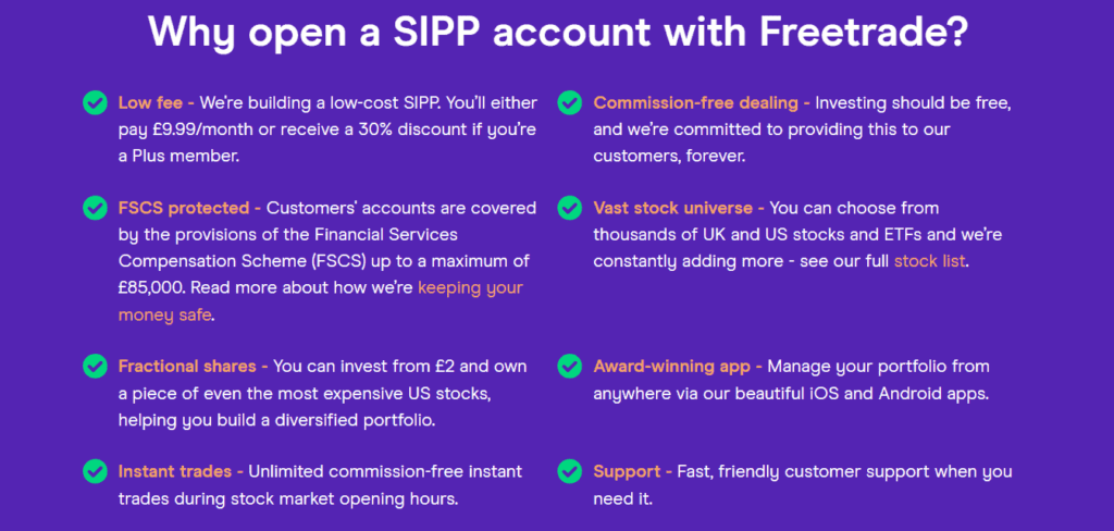 A Screenshot of features of SIPP account in Freetrade io website