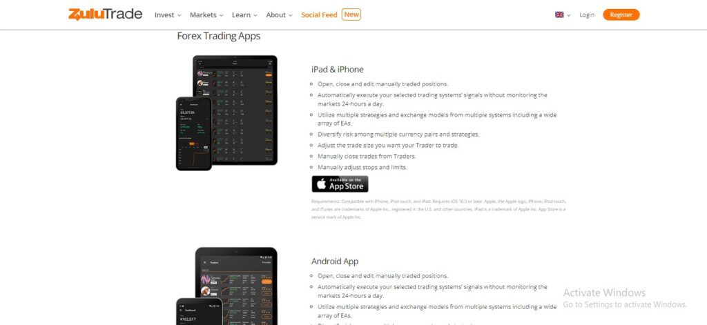 A Screenshot that shows the information about Mobile trading on the Zulu trade website