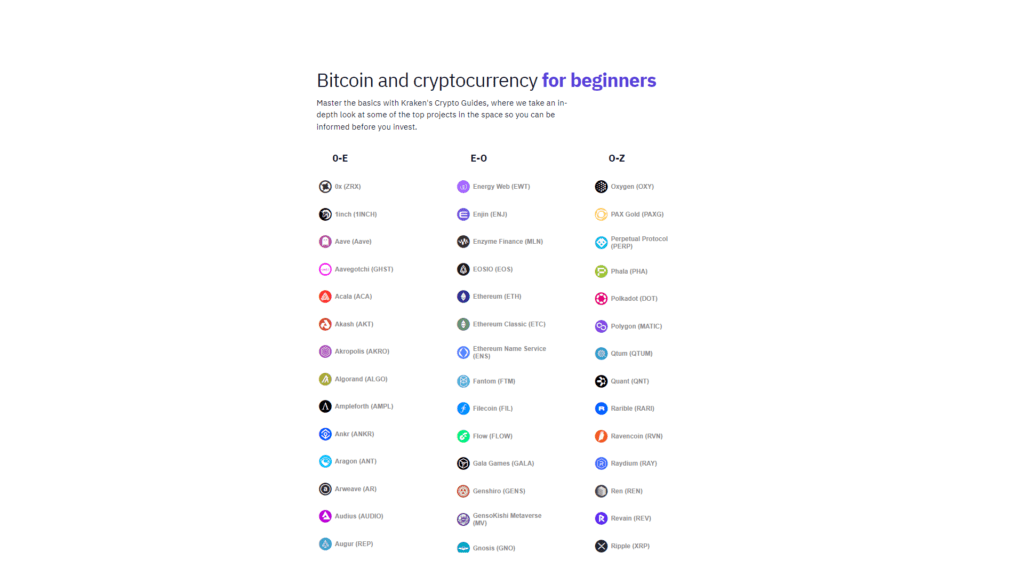 The screenshot which contains the list of Cryptocurrency available on the Kraken Broker website