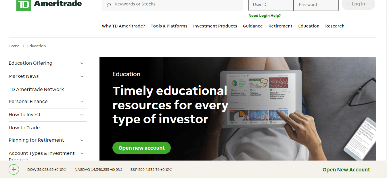 The screenshot of the Home page shows the Education section on the TD Ameritrade broker website