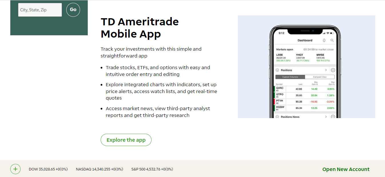 The screenshot of the Home page of the TD Ameritrade app on the TD Ameritrade broker website