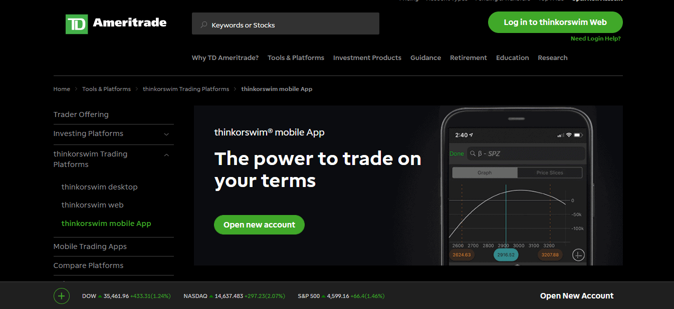 The screenshot of the Home page shows the Thinkorswim Mobile app on the TD Ameritrade broker website