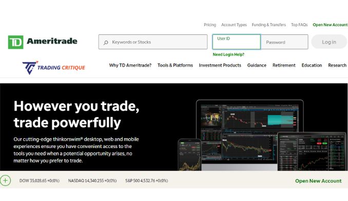 Screenshot from the Home page of the TD Ameritrade broker website