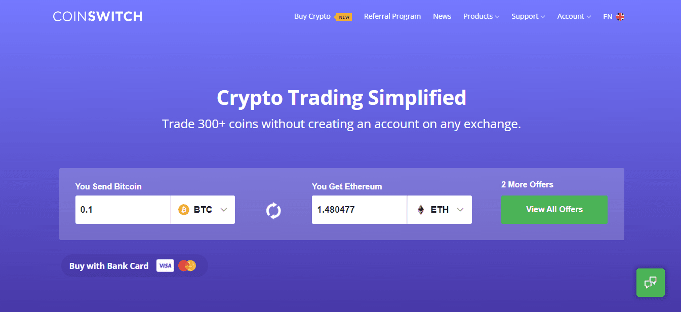 Screenshot from the Home page of Coinswitchwebsite