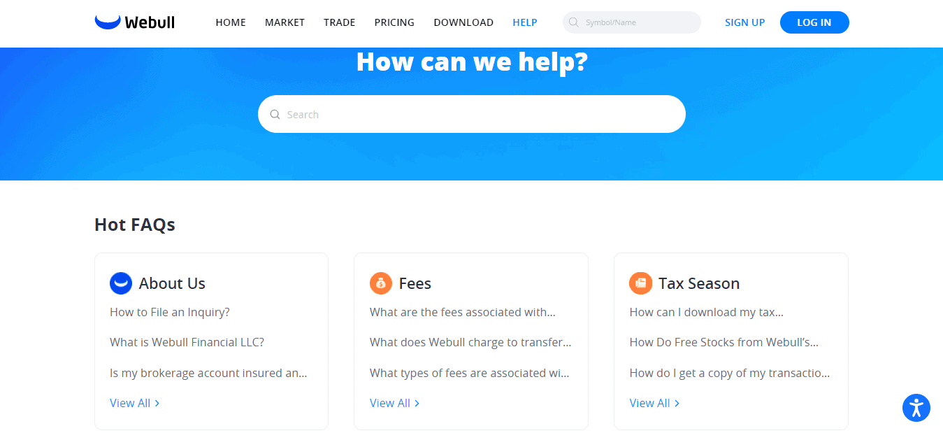 A screenshot of the home page which shows the FAQ Section of the Webull website