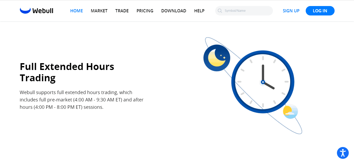 A screenshot of the home page which shows about the Trading hours on the Webull website