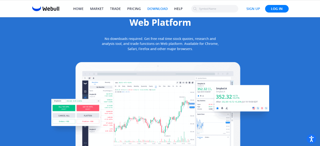 The screenshot of the home page which shows the information about the web trading platform on the Webull website