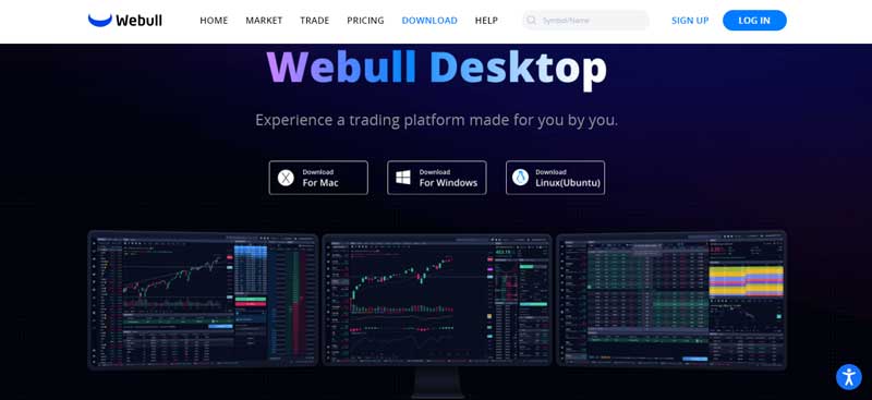 The screenshot of the home page which shows the desktop trading platform of the Webull website