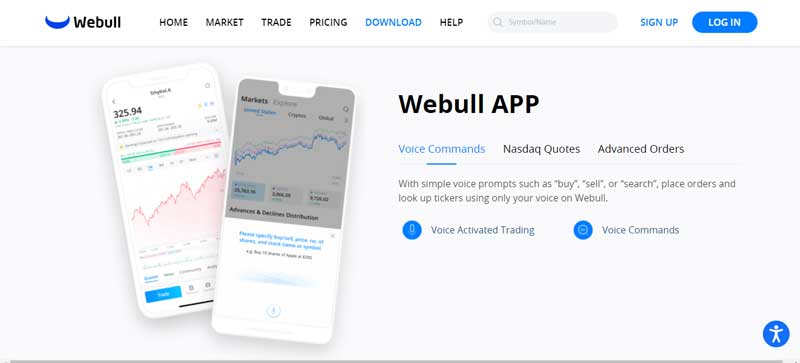 A screenshot of the home page which shows the Mobile Trading platform of the Webull website