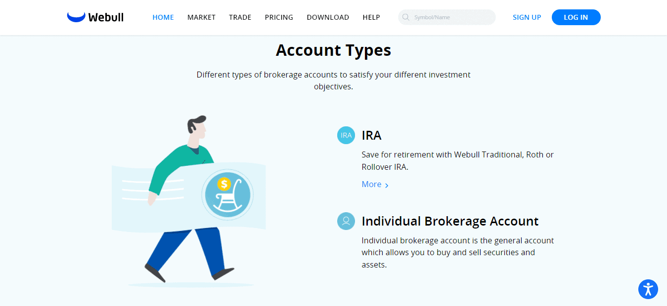 A screenshot of the home page which shows about the Account types of the Webull website