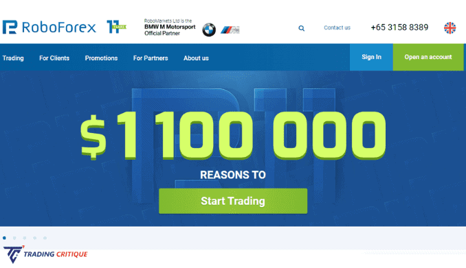 A screenshot of the home page of the RoboForex website