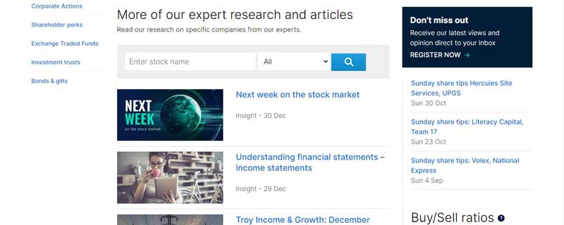 A screenshot that shows the information about the Research section on the HARGREAVES LANSDOWN website