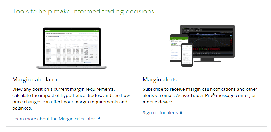 A screenshot from the page of the Margin trading section of the Fidelity Broker website