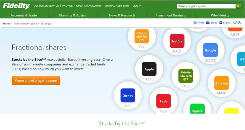 The screenshot of the page from the Fidelity Broker website which shows the Fractional shares