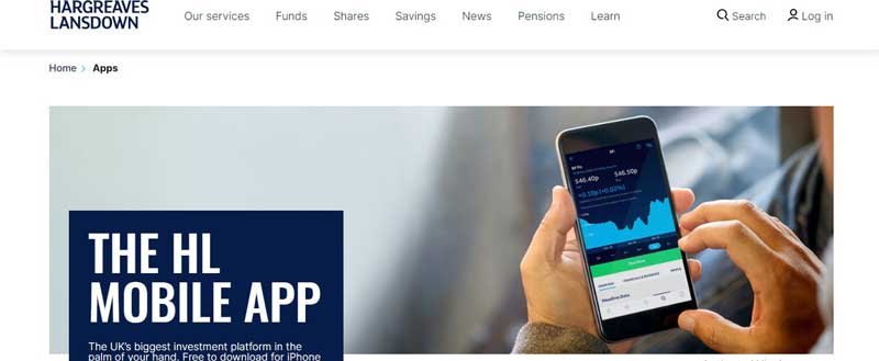 A screenshot that shows the information about the Mobile app on the HARGREAVES LANSDOWN website