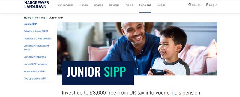 A screenshot that shows the information about the Junior SIPP account on the HARGREAVES LANSDOWN website