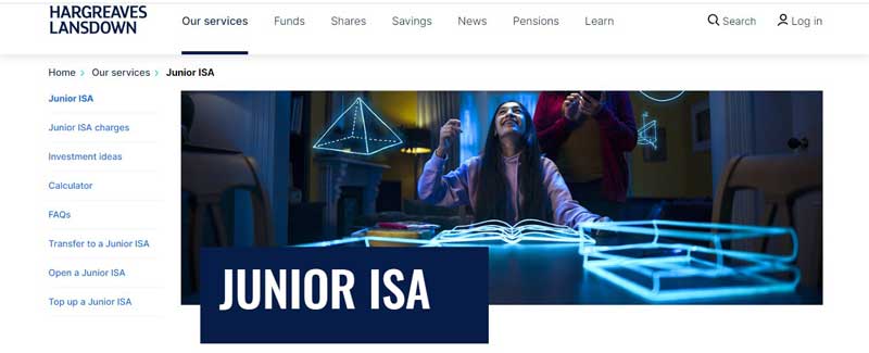A screenshot that shows the information about the Junior ISA account on the HARGREAVES LANSDOWN website