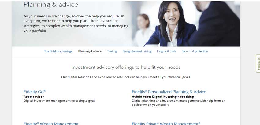 The screenshot of the Planning and advice section on the Fidelity Broker website