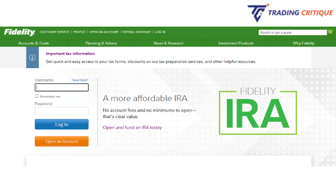 A screenshot of the home page of the website of Fidelity Broker