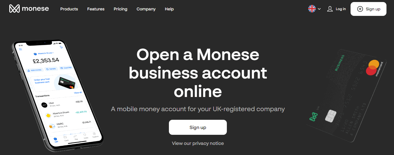 A screenshot that shows the information about the Business Accounts section on the Monese Bank website