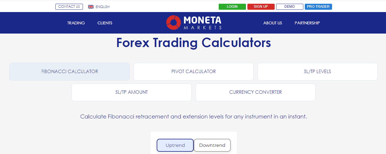A screenshot that shows the information about Forex calculators on the Moneta Markets website