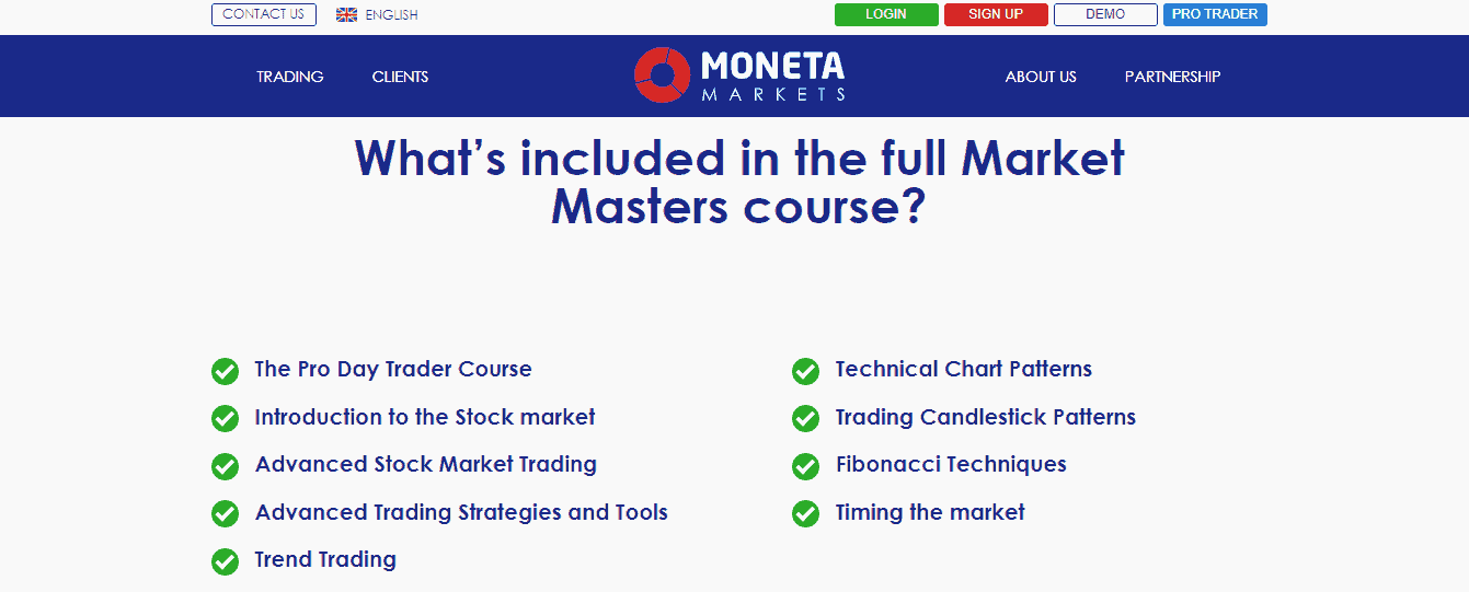 A screenshot that shows the information about education on the Moneta Markets website