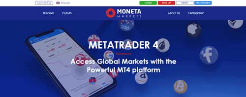 A screenshot that shows the information about MetaTrader 4 trading platform on the Moneta Markets website