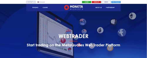 A screenshot that shows the information about the MT4 WebTrader trading platformon the Moneta Markets website