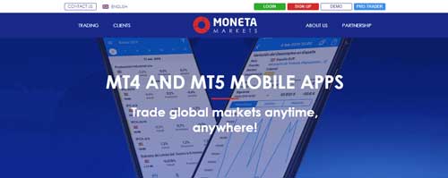 A screenshot that shows the information about the Mobile trading platform on the Moneta Markets website