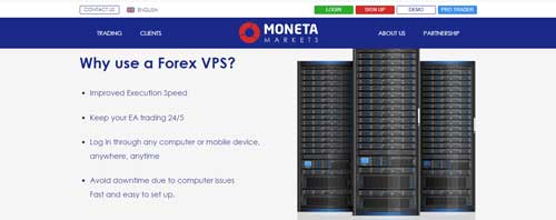A screenshot that shows the information about Forex VPS on the Moneta Markets website