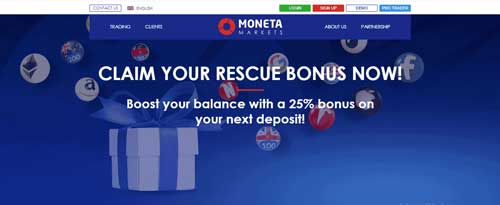 A screenshot that shows the information about the Rescue bonuson the Moneta Marketswebsite