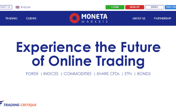 A screenshot from the Home Page of the Moneta Markets website