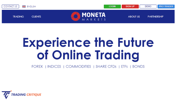 A screenshot from the Home Page of the Moneta Markets website
