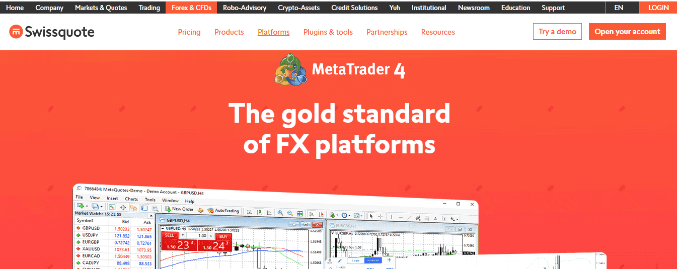 A Screenshot that shows the information about the MetaTrader 4 section on the Swissquote website