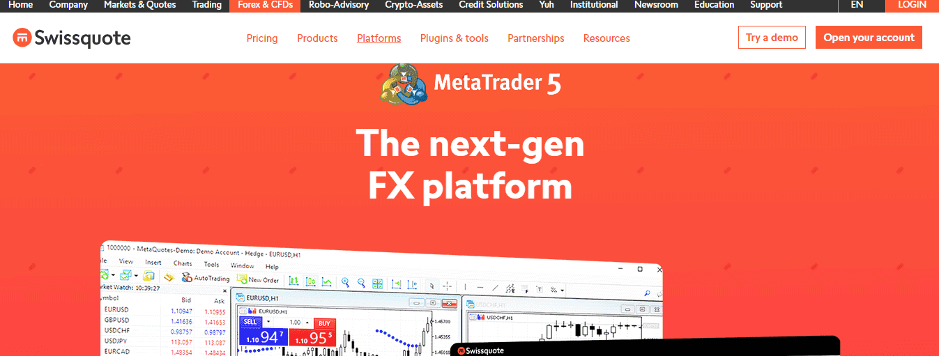 A Screenshot that shows the information about the MetaTrader 5 section on the Swissquote website