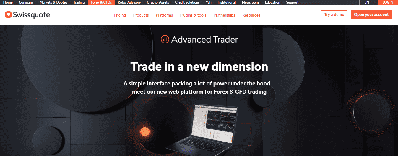 A Screenshot that shows the information about the Advance Trader section on the Swissquote website
