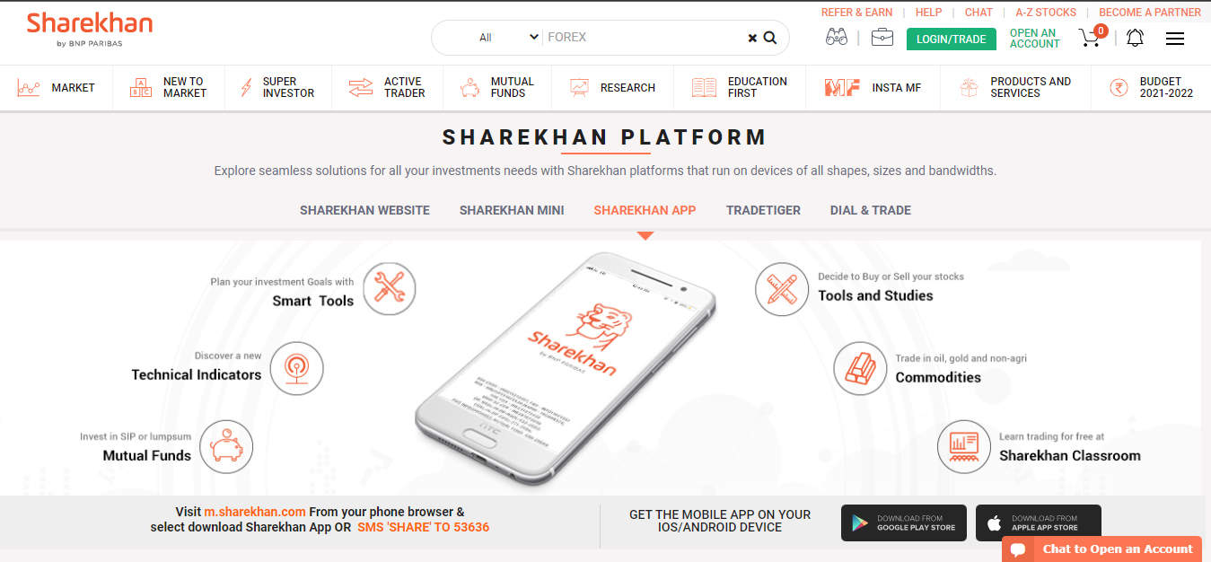 A Screenshot that shows the information about the Mobile app section on the Sharekhan website