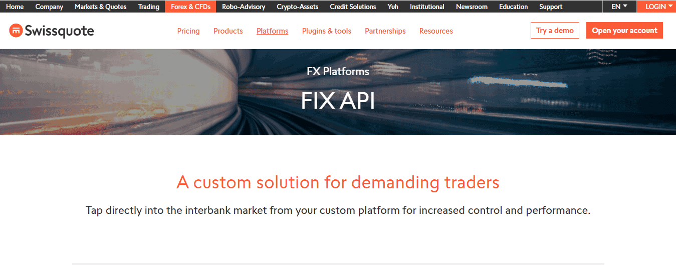 A Screenshot that shows the information about the Fix API section on the Swissquote website