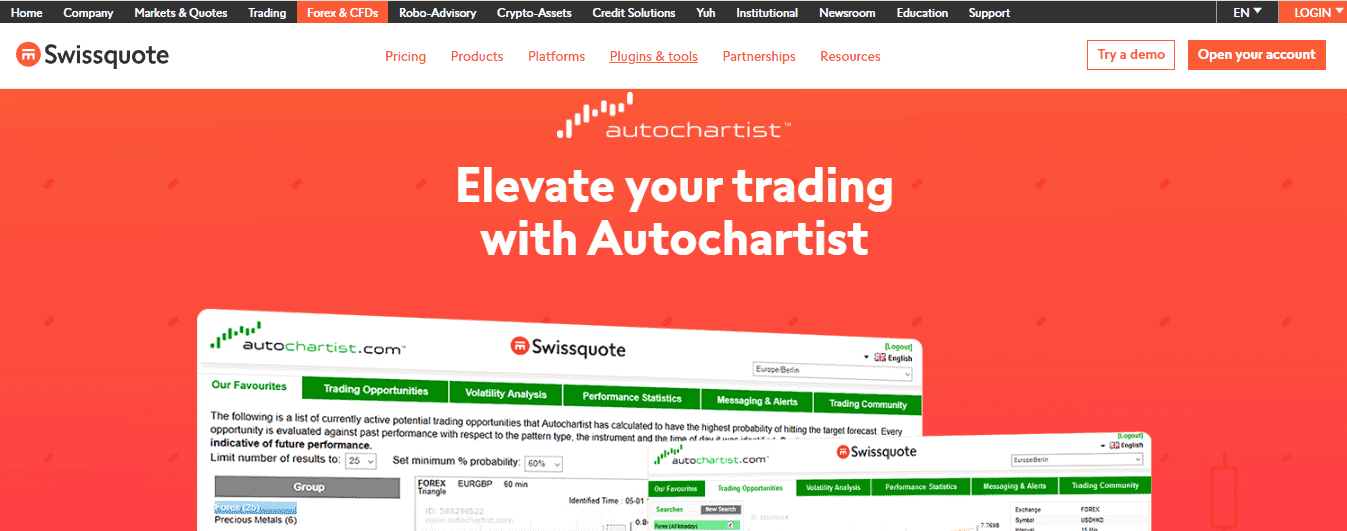 A Screenshot that shows the information about the Autochartist section on the Swissquote website