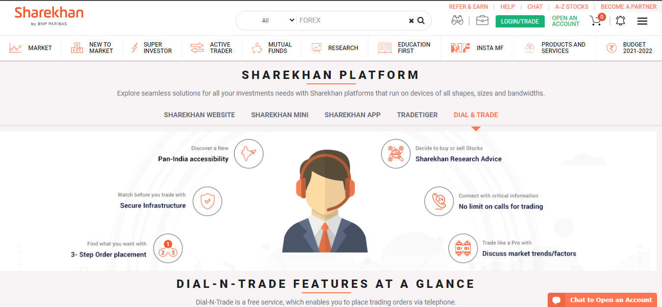 A Screenshot that shows the information about the Dial-n-Trade section on the Sharekhan website