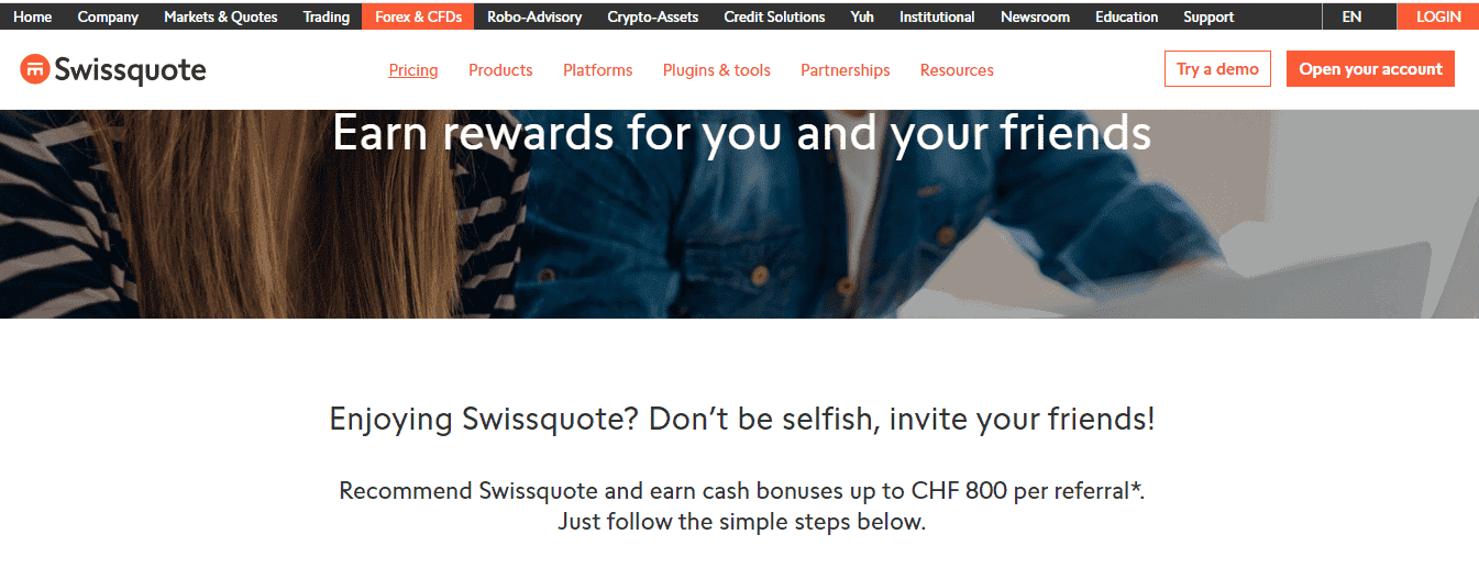 A Screenshot that shows the information about the Refer a Friend section on the Swissquote website