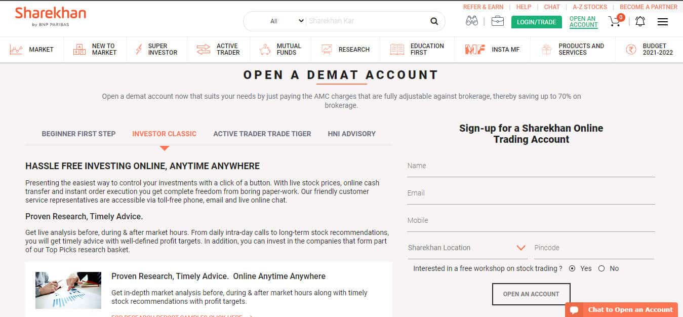 A Screenshot that shows the information about the Classic account section on the Sharekhan website