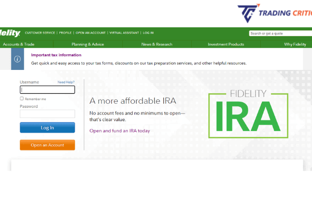 A screenshot of the home page of the website of Fidelity Broker